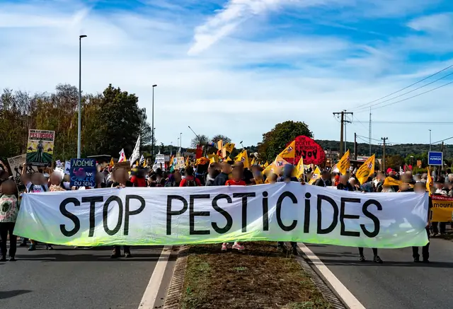 لافتة كبيرة «أوقفوا المبيدات» (Stop pesticides) تتقدّم المسيرة على طريق غايون