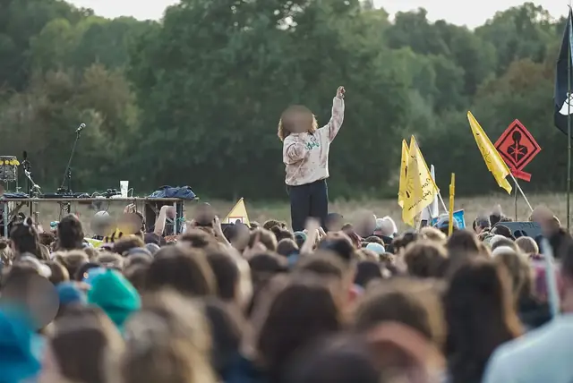 Una cantante en el escenario frente a una multitud compacta, entre banderas amarillas