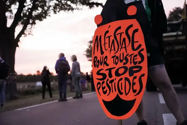 عند الغسق، لافتة برتقالية «نقائل سرطانية للجميع، أوقفوا المبيدات» (Métastase pour toustes, stop pesticides)