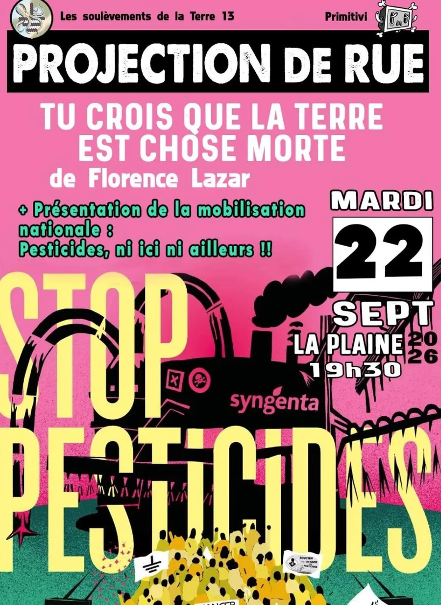 Plakat des Stop-Pesticides-Informationsabends in La Plaine, Marseille, am 22. September 2026